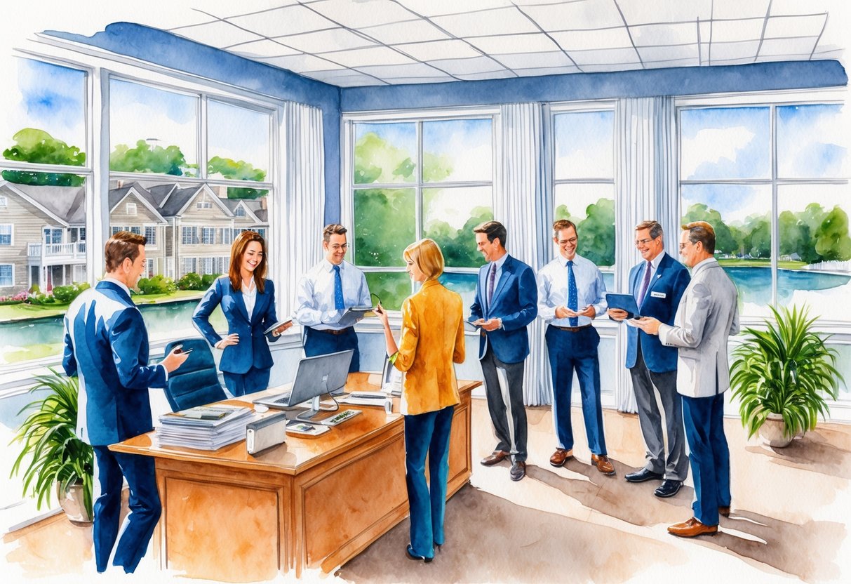 A bustling real estate office in Warwick, RI, with agents discussing financing options and browsing property listings