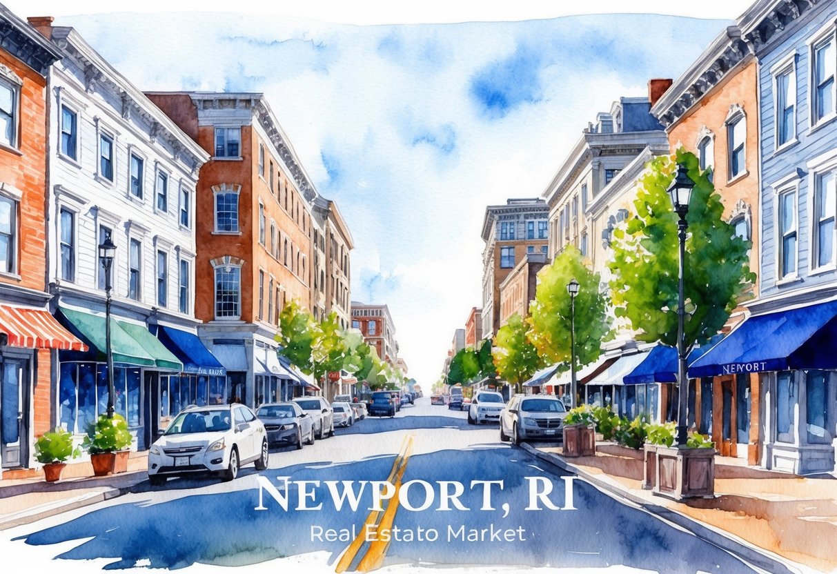 A bustling city street with a mix of historic and modern buildings, showcasing the vibrant real estate market in Newport, RI