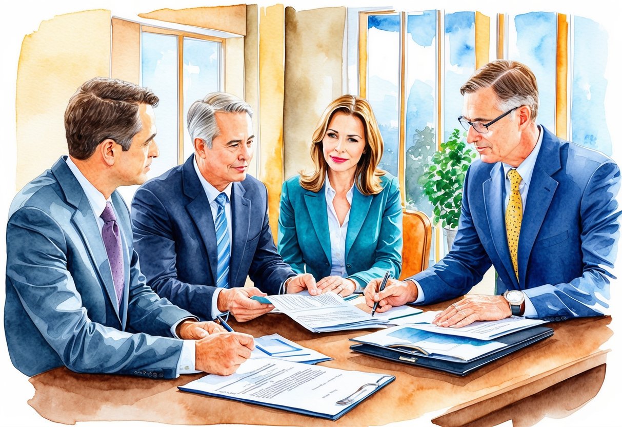 A group of investors discussing real estate in Warwick, RI, while reviewing legal documents and consulting with a lawyer