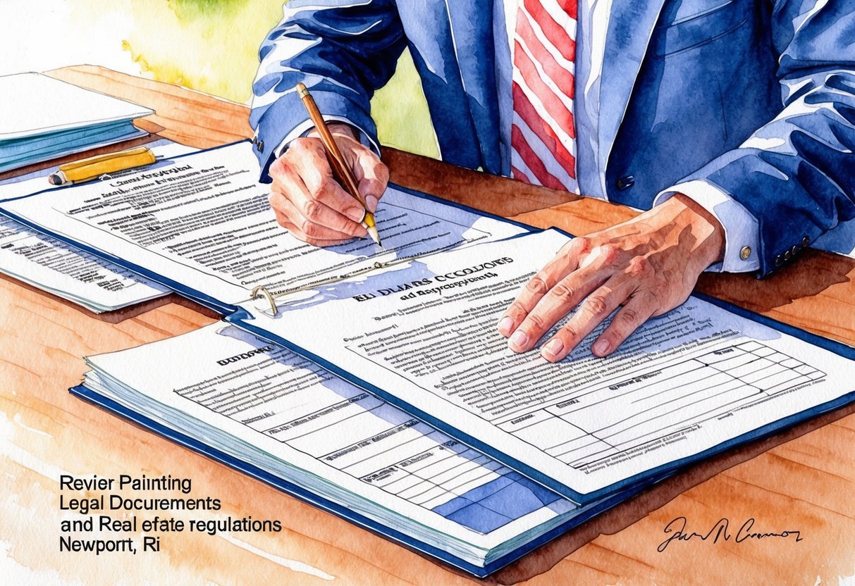 A person reviewing legal documents and real estate regulations in Newport, RI
