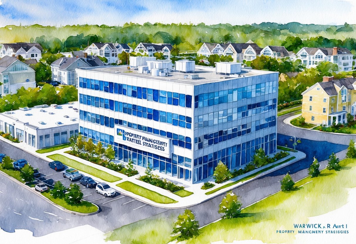 A modern office building in Warwick, RI with a "Property Management Strategies" sign. Surrounding area features residential and commercial properties