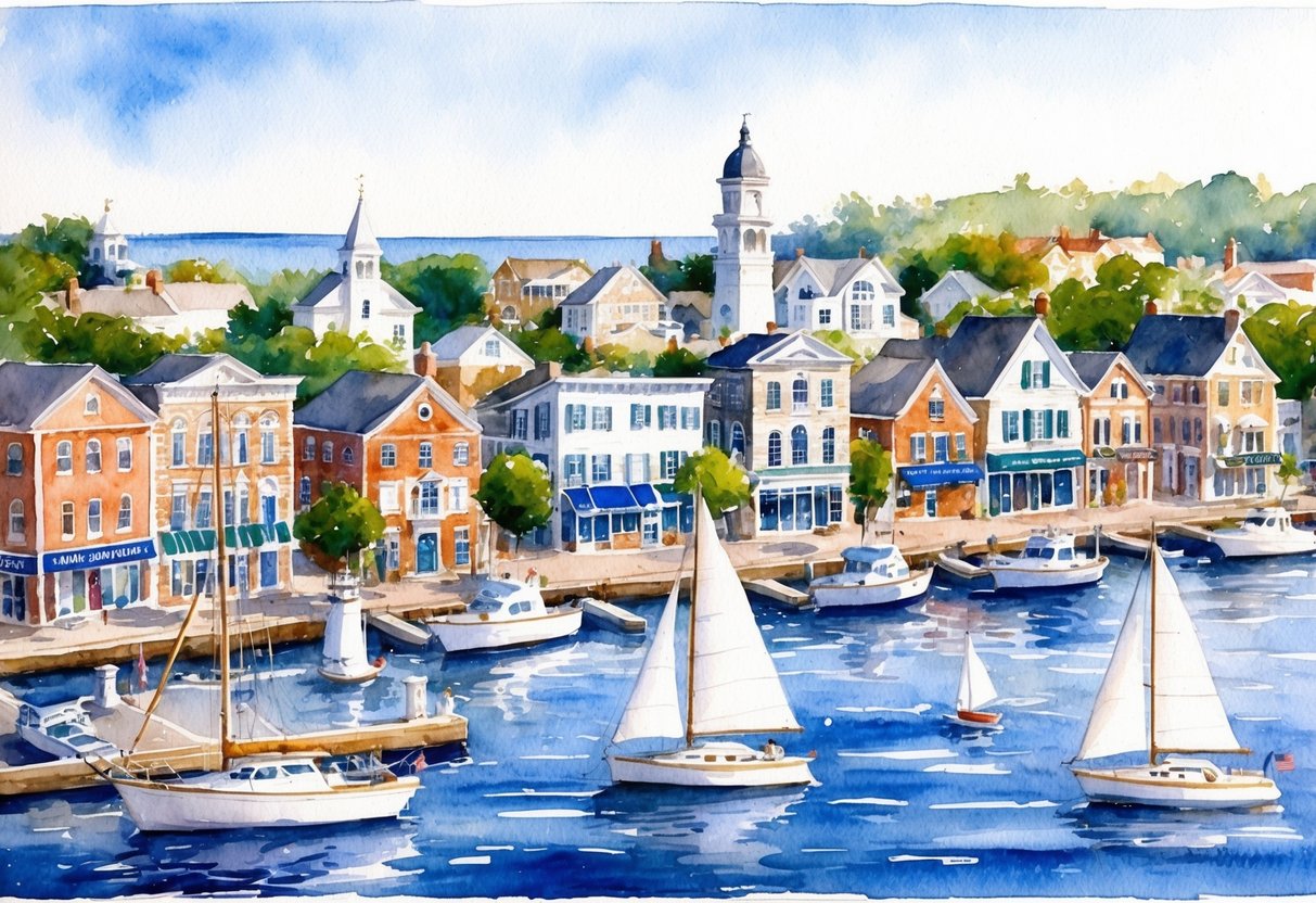 A coastal town with historic buildings, sailboats in the harbor, and a bustling downtown area with real estate offices and property management firms