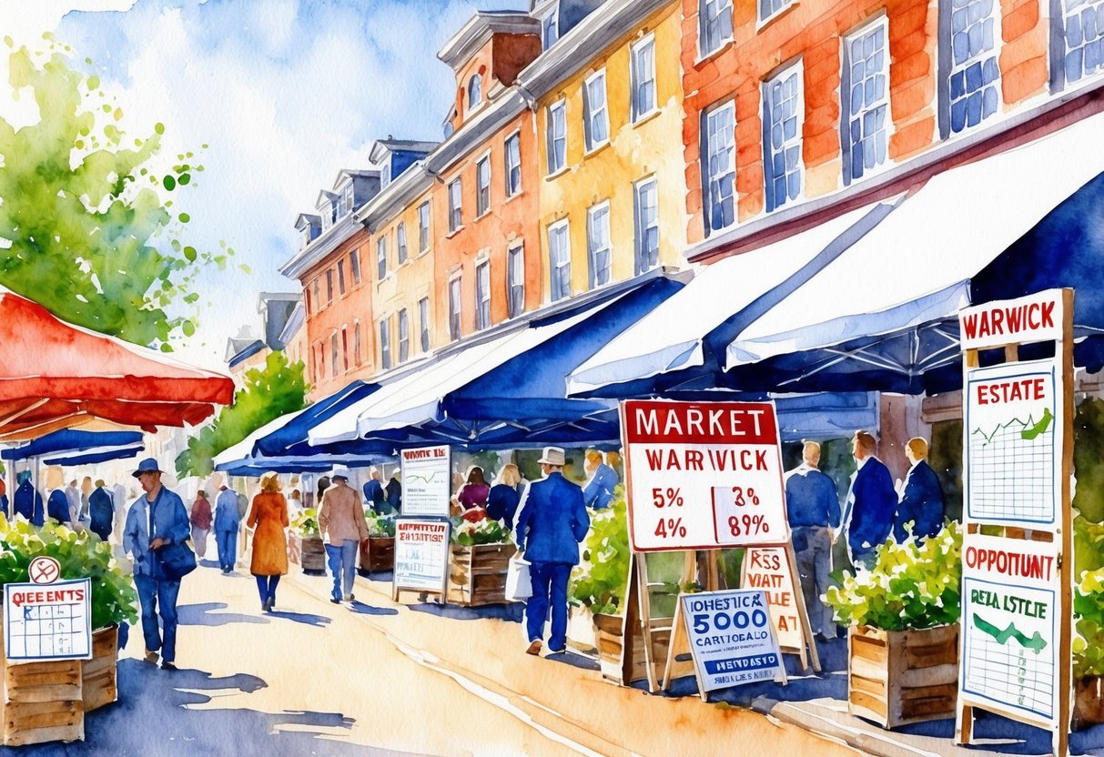 A bustling market scene in Warwick, RI, with real estate signs and charts showing potential risks and opportunities