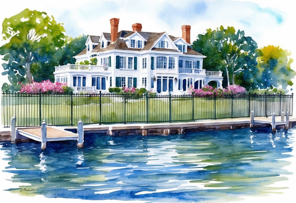 A waterfront mansion with lush landscaping and a tall privacy fence in Newport, RI