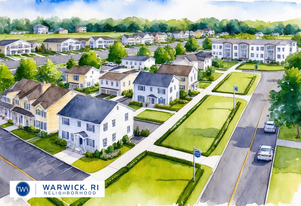A suburban neighborhood in Warwick, RI with various real estate properties, including houses, apartments, and commercial buildings. The area is well-maintained with manicured lawns and tidy streets