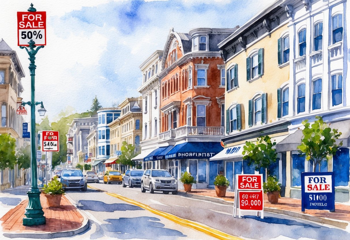 A bustling Newport street with historic buildings, modern developments, and "For Sale" signs. A mix of old and new architecture reflects the emerging trends in real estate investing