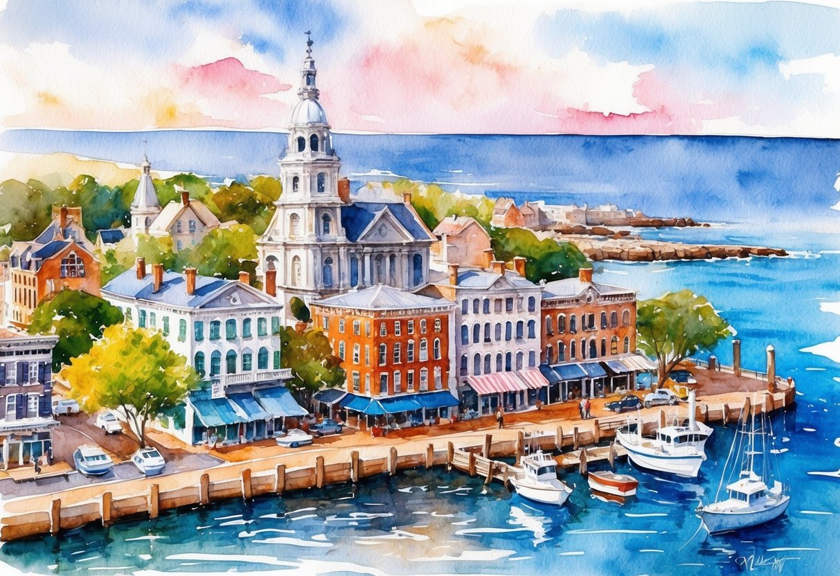 A picturesque coastal town with historic architecture, bustling waterfront, and scenic views of the Atlantic Ocean