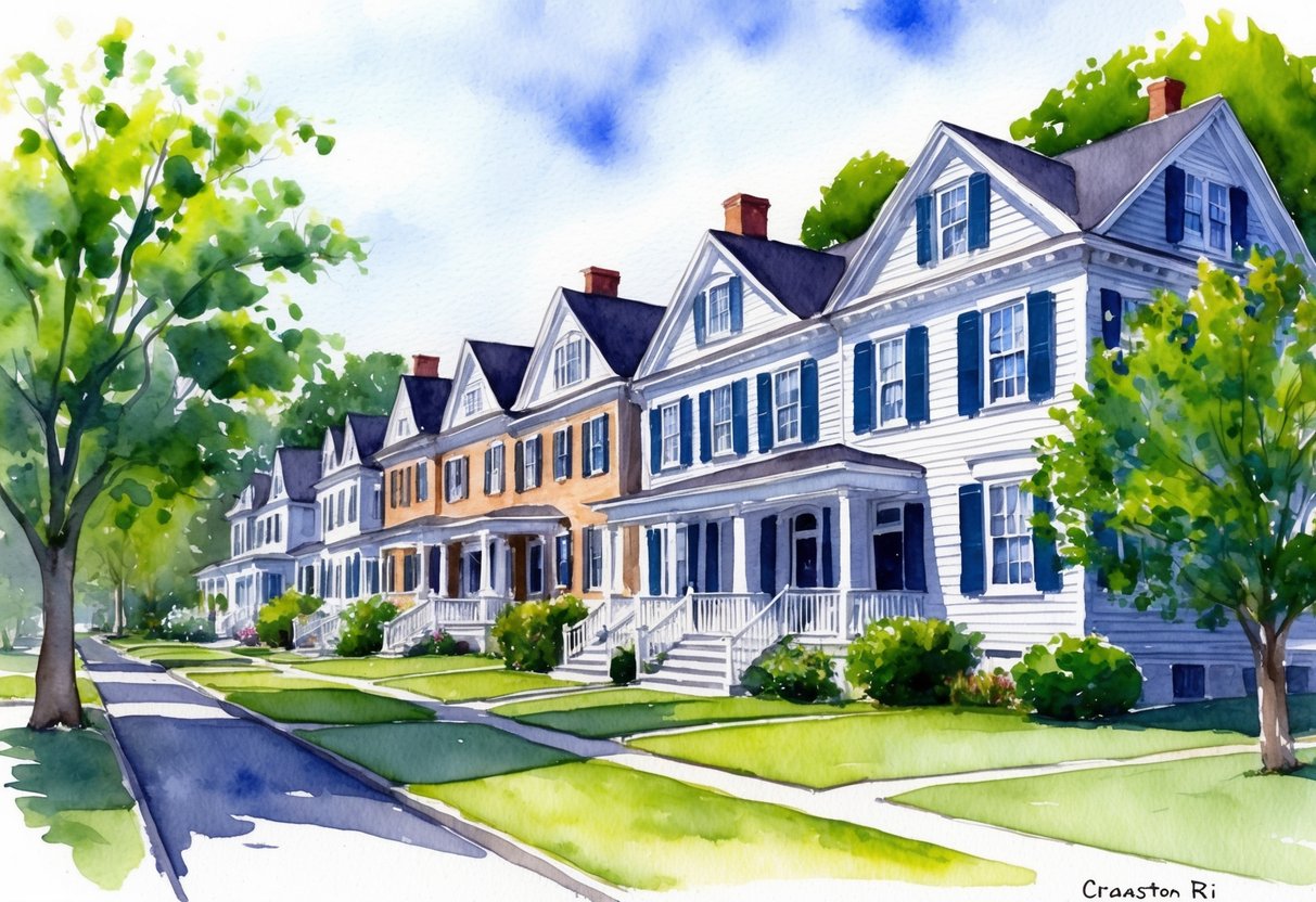 A row of charming colonial-style houses in Cranston, RI, surrounded by lush green trees and well-maintained lawns