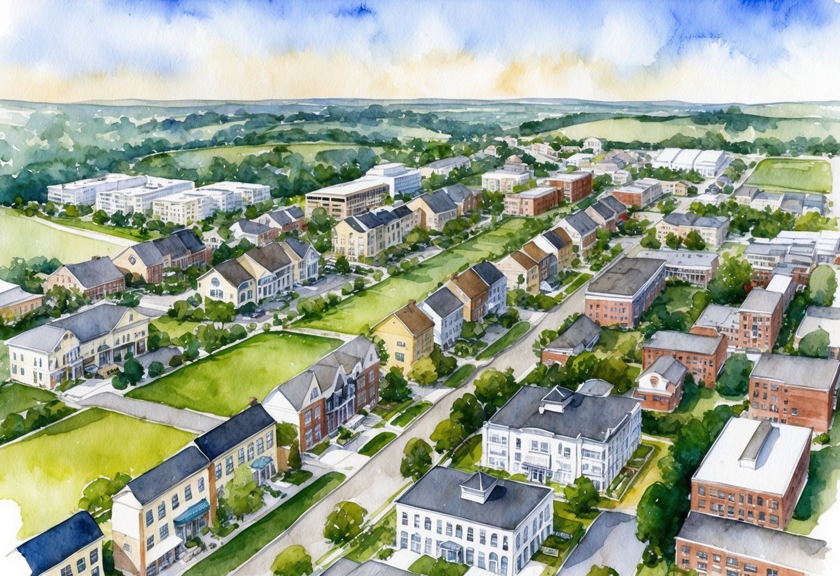 Aerial view of diverse Cranston neighborhoods with varying architectural styles and green spaces, surrounded by a mix of residential and commercial buildings