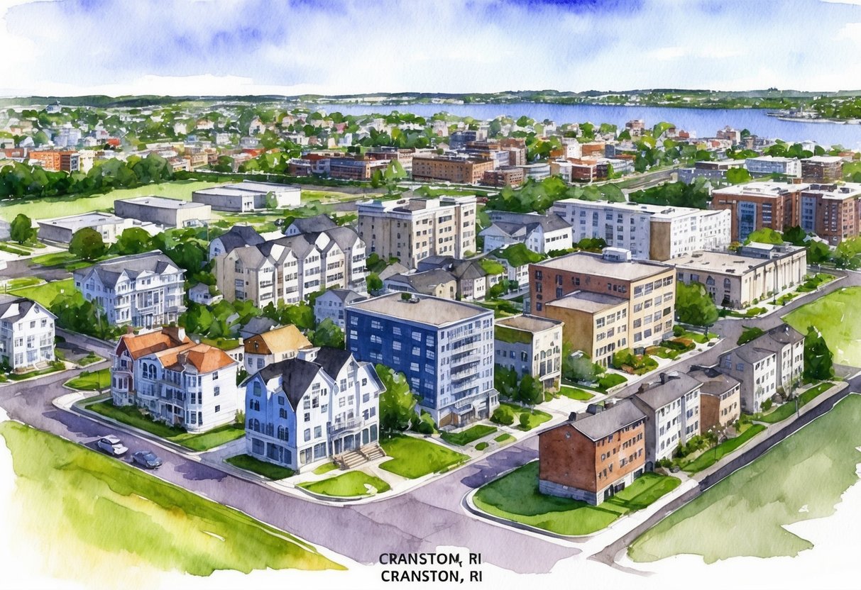 A bustling cityscape with various types of real estate: residential homes, apartment buildings, commercial properties, and vacant land in Cranston, RI