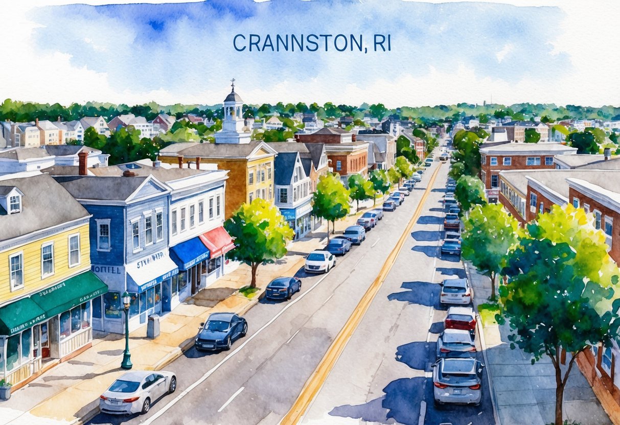 A bustling street in Cranston, RI with a mix of residential and commercial properties, showcasing diverse investment opportunities in real estate