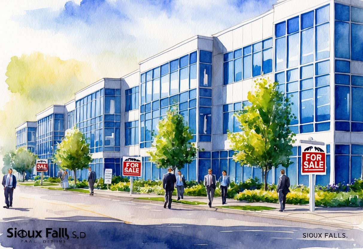 A row of modern office buildings in Sioux Falls, SD, with "For Sale" signs and bustling real estate agents