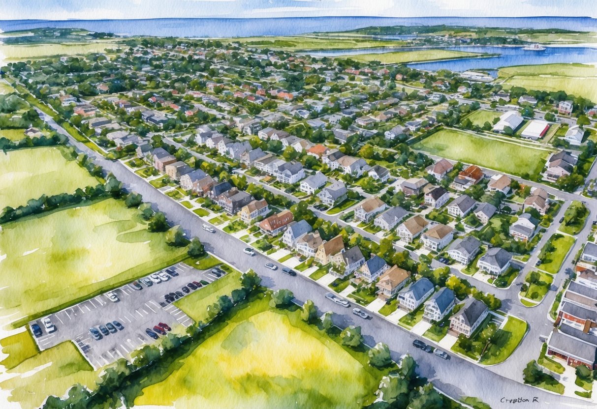 Aerial view of Cranston, RI surrounded by suburban neighborhoods and commercial areas, with real estate properties and green spaces