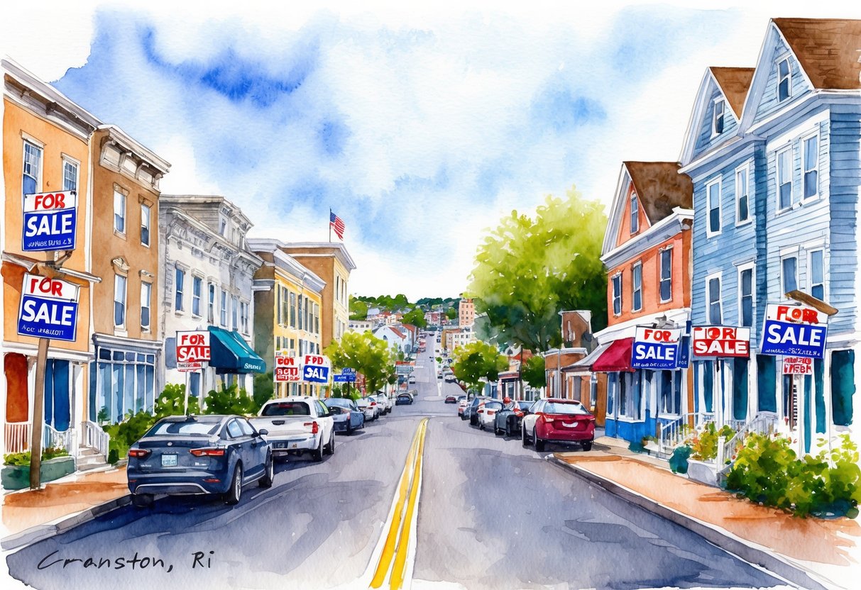 A bustling street in Cranston, RI with "For Sale" signs on various properties, a mix of residential and commercial buildings, and a diverse array of potential investment opportunities