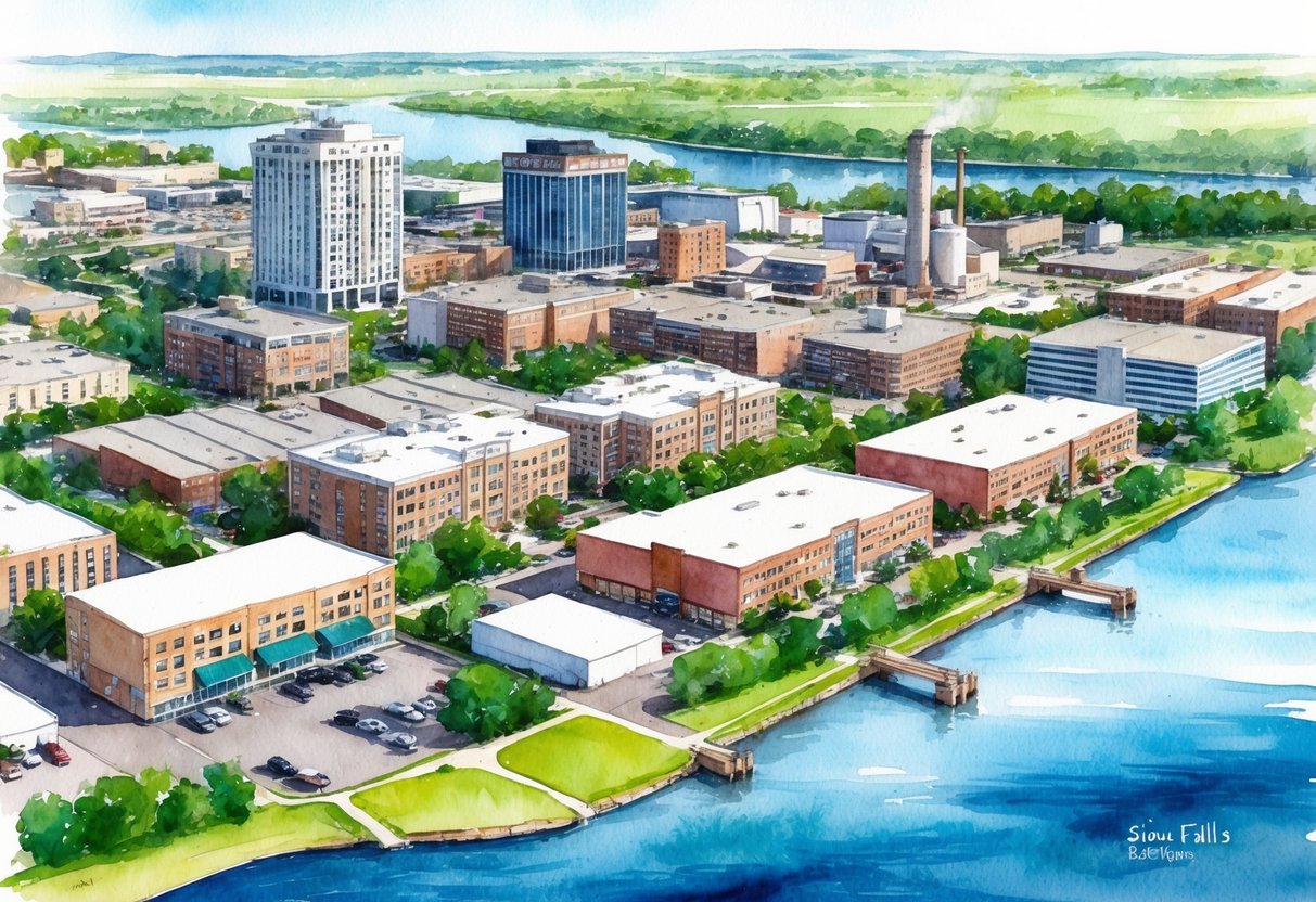 A bustling Sioux Falls cityscape with various real estate properties including residential, commercial, and industrial buildings, surrounded by greenery and waterways