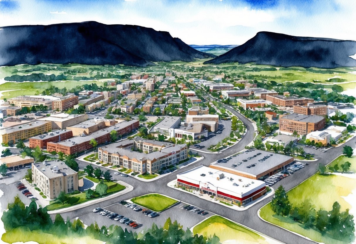 A panoramic view of Rapid City, SD with residential and commercial properties, surrounded by the Black Hills and lush greenery