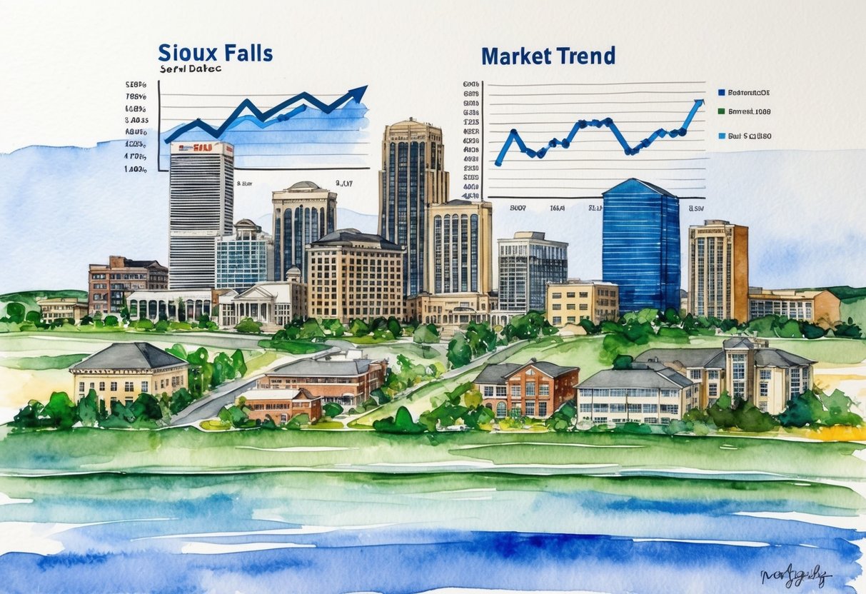 A skyline of Sioux Falls, South Dakota with various real estate properties and market trend graphs in the background