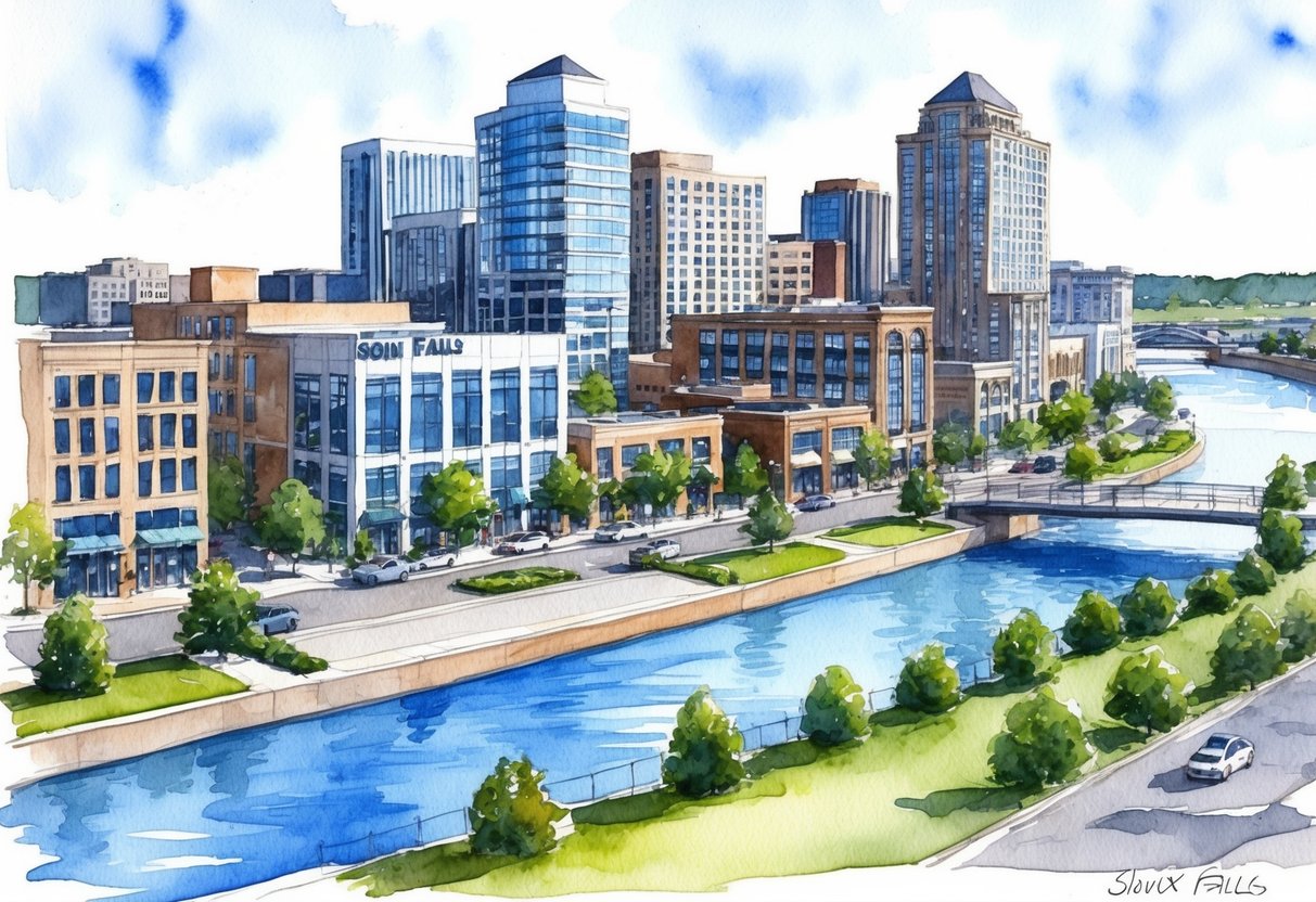 A bustling downtown Sioux Falls with modern buildings and a riverfront park, showcasing the city's thriving real estate market