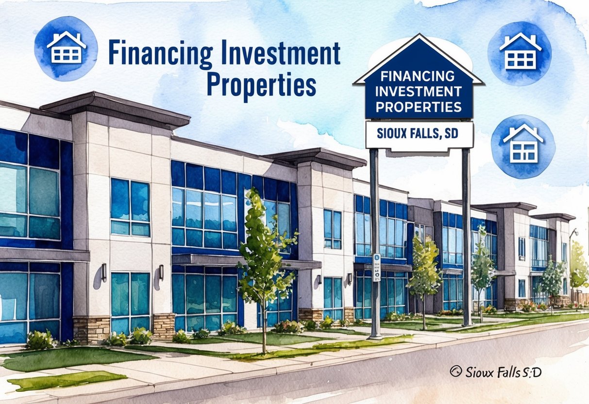 A row of modern buildings in Sioux Falls, SD with "Financing Investment Properties" sign, surrounded by real estate symbols