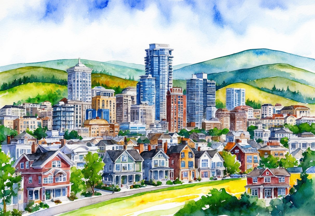 A bustling cityscape with diverse buildings and homes, surrounded by rolling hills and a vibrant real estate market