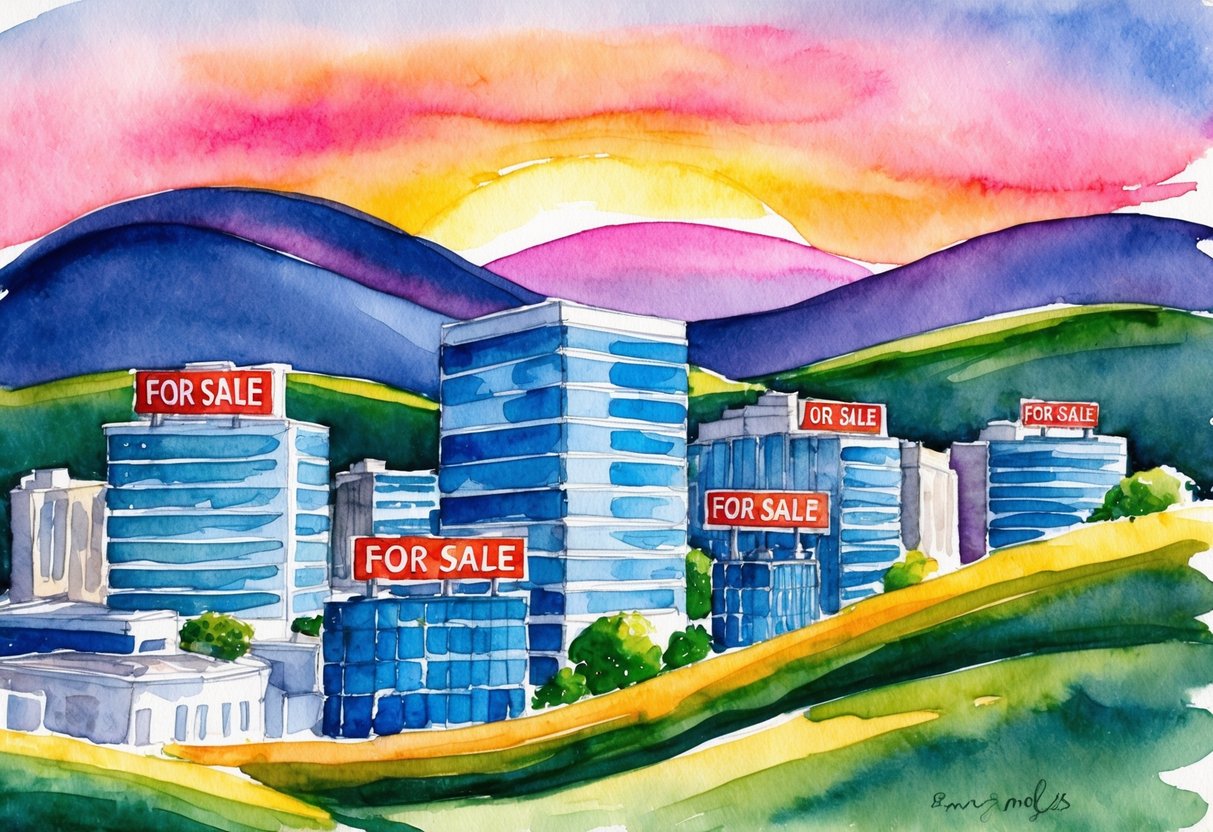 A bustling cityscape with modern office buildings and "For Sale" signs, set against a backdrop of rolling hills and a vibrant sunset