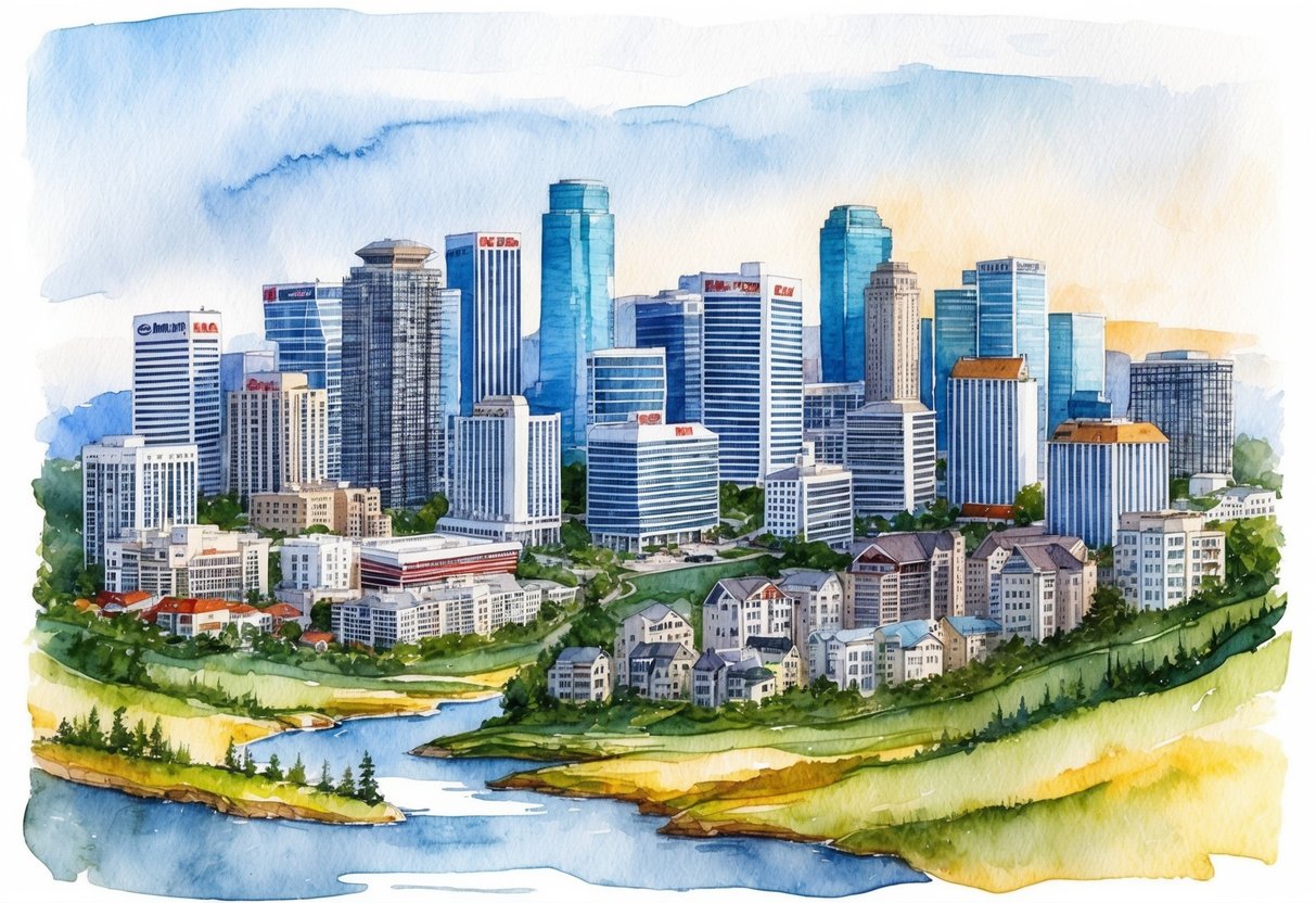 A bustling city skyline with various real estate properties, including commercial buildings and residential homes, surrounded by natural landscapes
