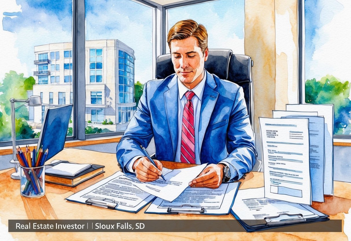 An illustration of a real estate investor in Sioux Falls, SD reviewing legal and regulatory documents in an office setting