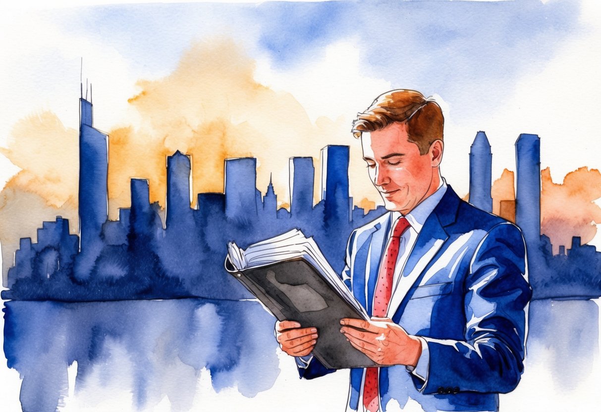 A real estate investor reading a thick binder of regulations and policies with a city skyline in the background