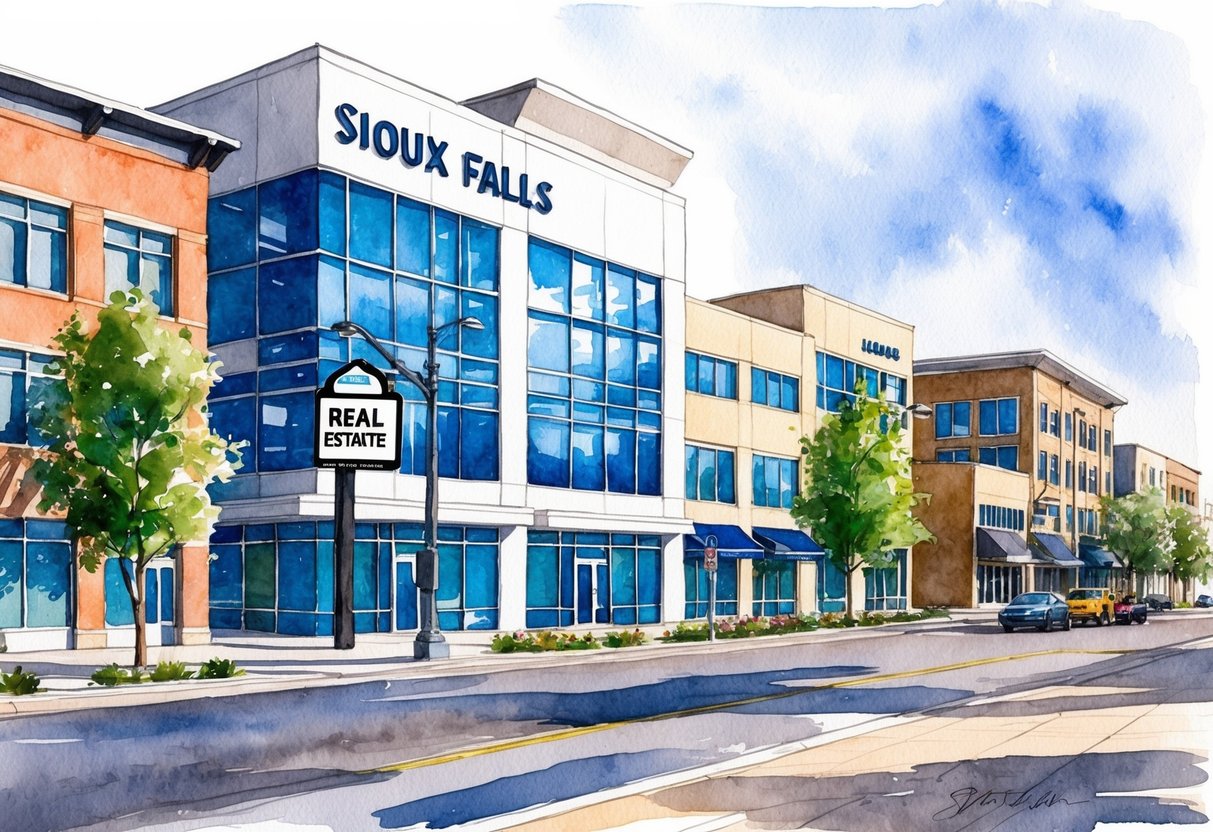 A bustling downtown street in Sioux Falls, with modern buildings and a mix of residential and commercial properties. A real estate sign stands prominently in front of a newly renovated office building