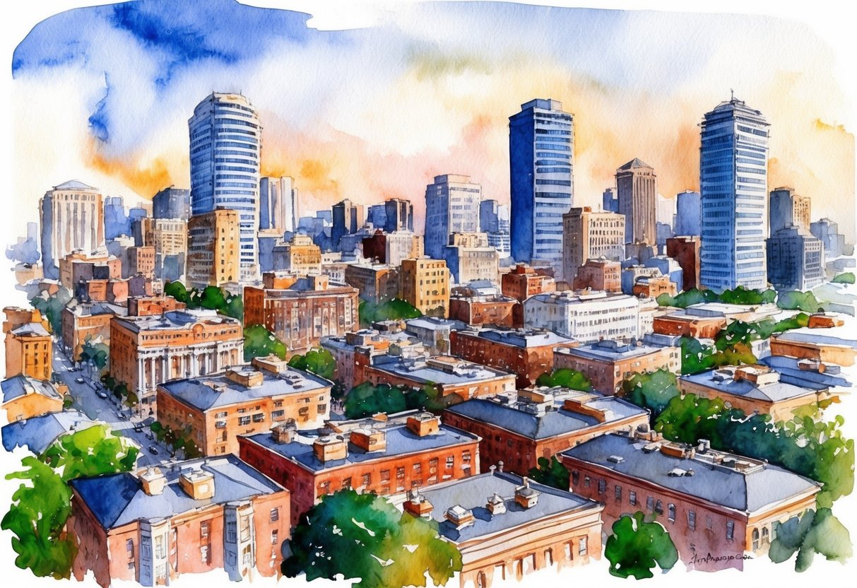 A bustling cityscape with various properties being managed by professionals