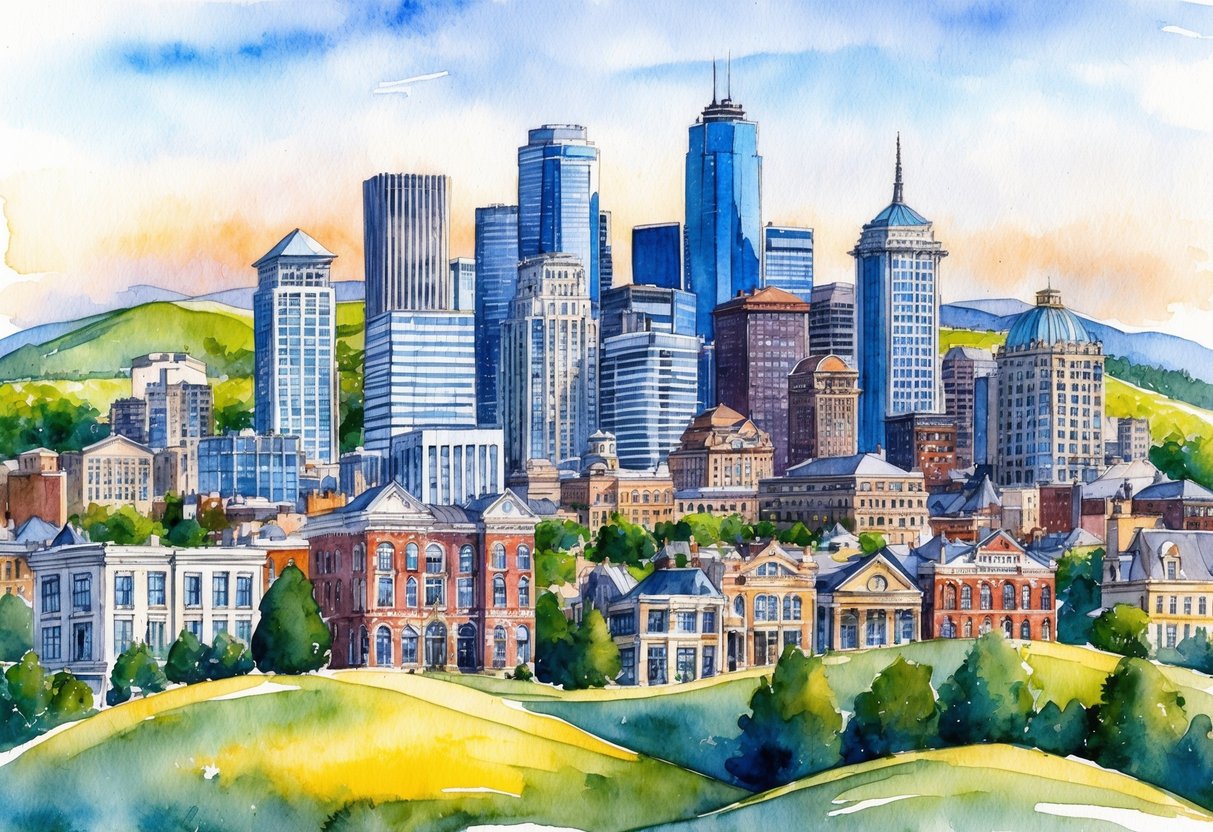 A bustling city skyline with a mix of modern and historic buildings, surrounded by rolling hills and a vibrant real estate market