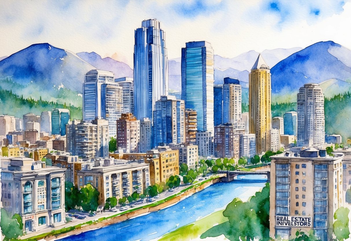A bustling cityscape with skyscrapers and residential buildings, surrounded by mountains and a river, with "Real Estate Investors" sign on a building