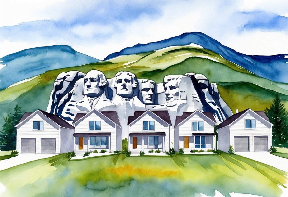 A row of modern houses overlooks the iconic Mount Rushmore, set against a backdrop of rolling hills and clear blue skies