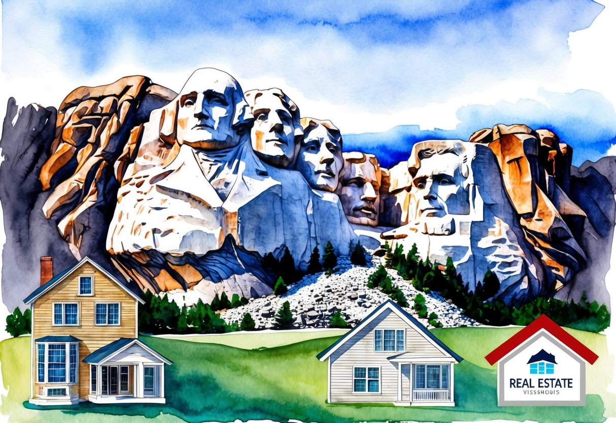 A scenic view of Mount Rushmore with various real estate properties and investment opportunities in the foreground