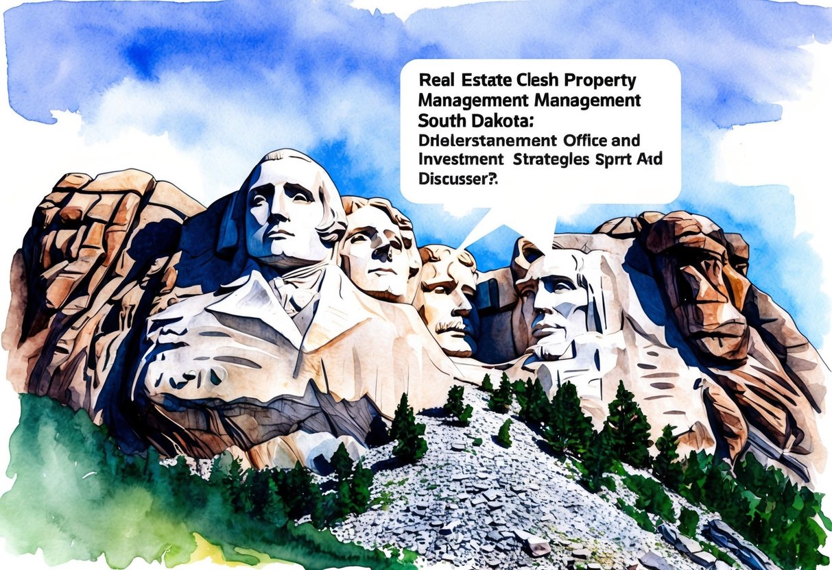 A scenic view of Mount Rushmore in South Dakota, with a real estate property management office and investment strategies being discussed