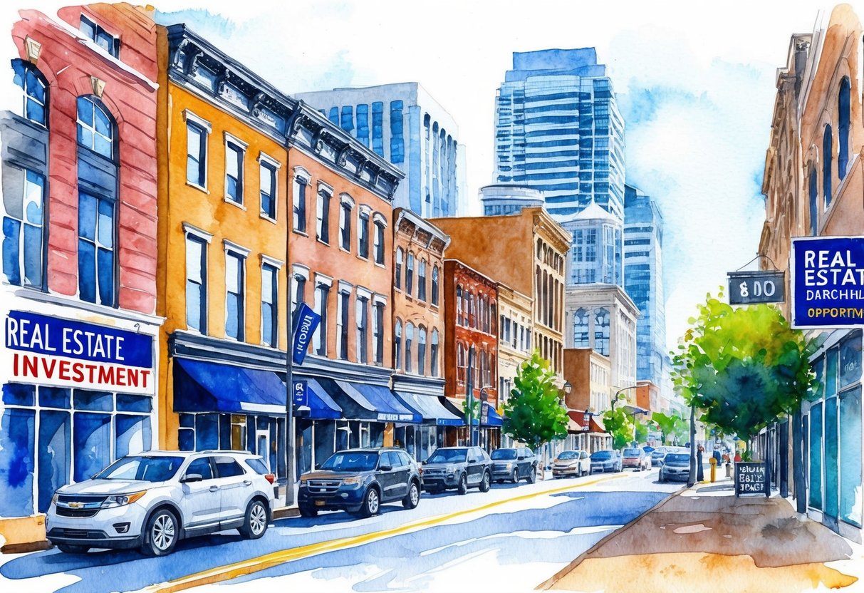 A bustling city street in Nashville, Tennessee, with a mix of historic and modern buildings, and signs advertising real estate investment opportunities