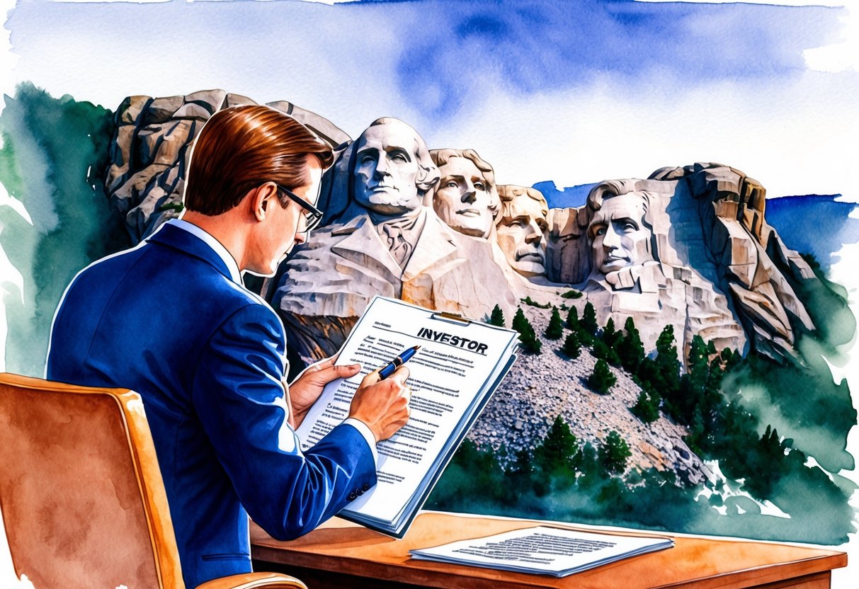 An investor reviewing legal documents with a view of Mount Rushmore in the background