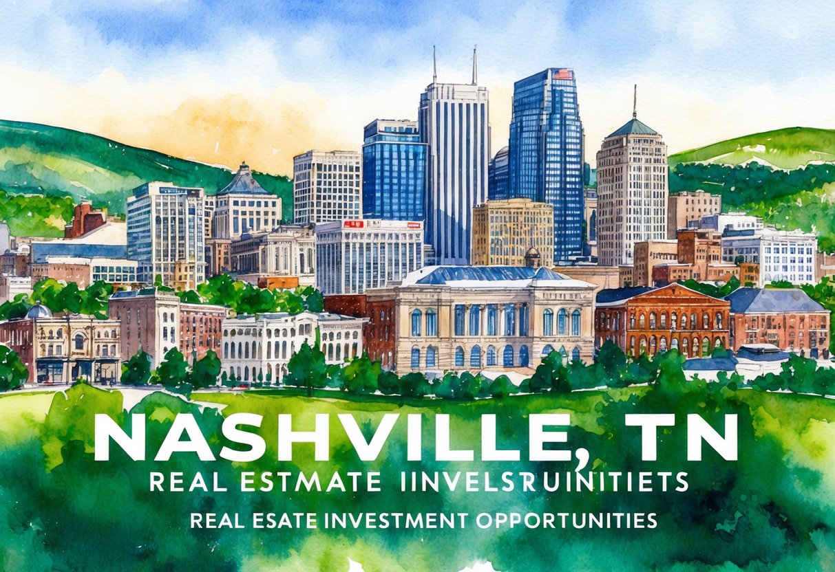 A bustling city skyline with a mix of historic and modern buildings, surrounded by lush greenery and rolling hills, showcasing the diverse real estate investment opportunities in Nashville, TN