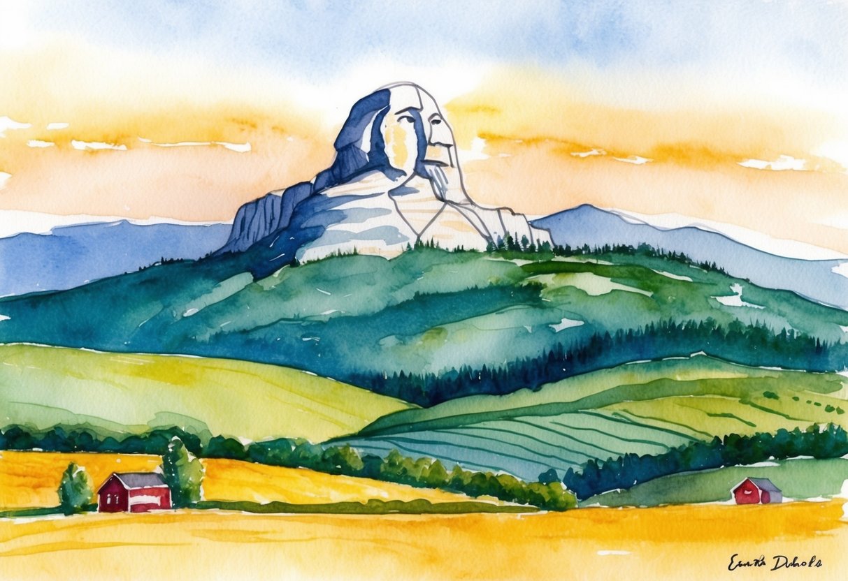 Rolling hills with farm fields and iconic Mount Rushmore in the background. Unique real estate opportunities in South Dakota