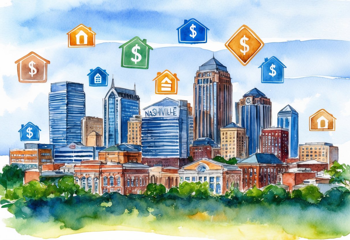 A bustling Nashville skyline with diverse real estate properties and investment symbols