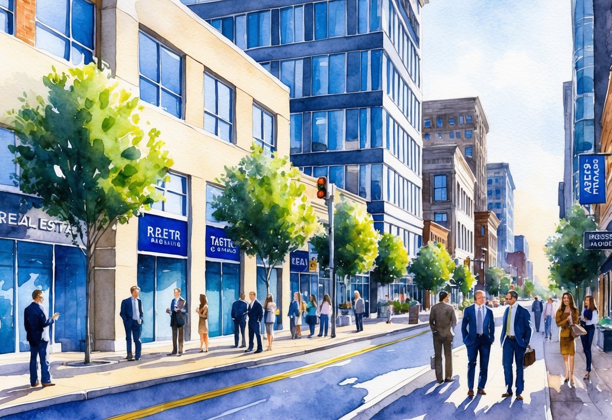 A bustling city street in Nashville, TN, lined with modern office buildings and real estate agencies. A mix of professionals networking and discussing property investments