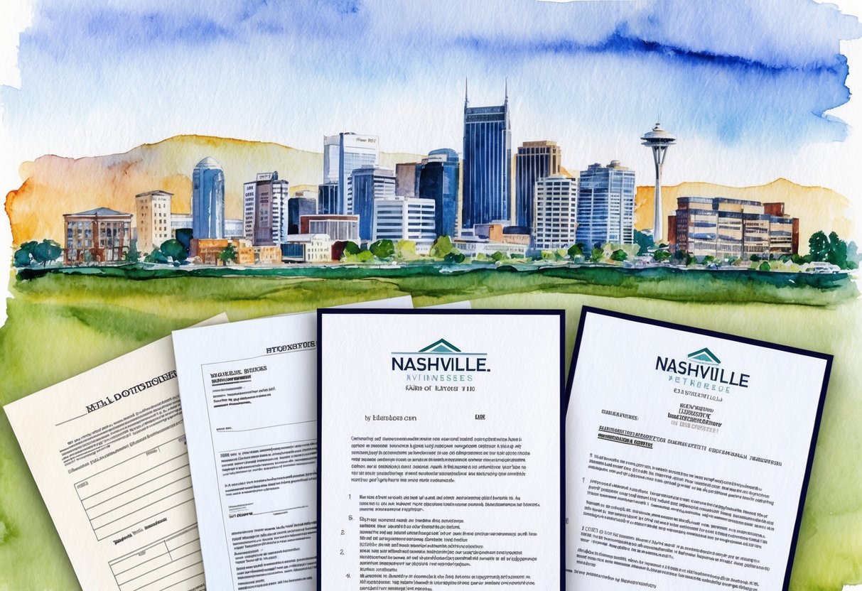 A skyline of Nashville, Tennessee with various real estate properties and legal documents in the foreground