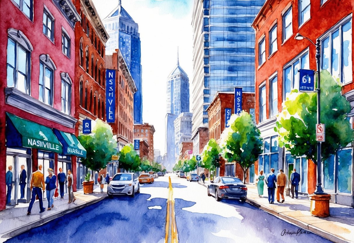 A bustling Nashville street with real estate signs, skyscrapers, and people entering investment offices