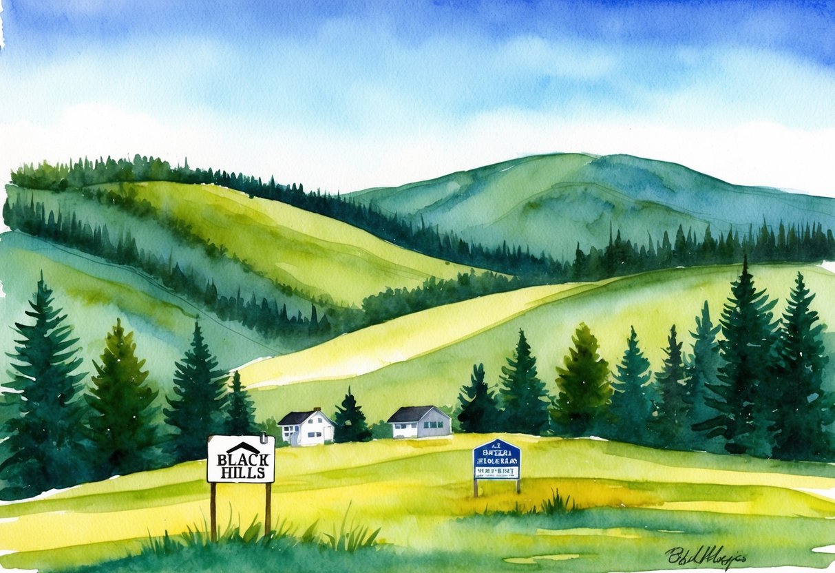 A serene landscape of the Black Hills, featuring rolling hills, lush forests, and a clear blue sky, with a few scattered properties and real estate signs