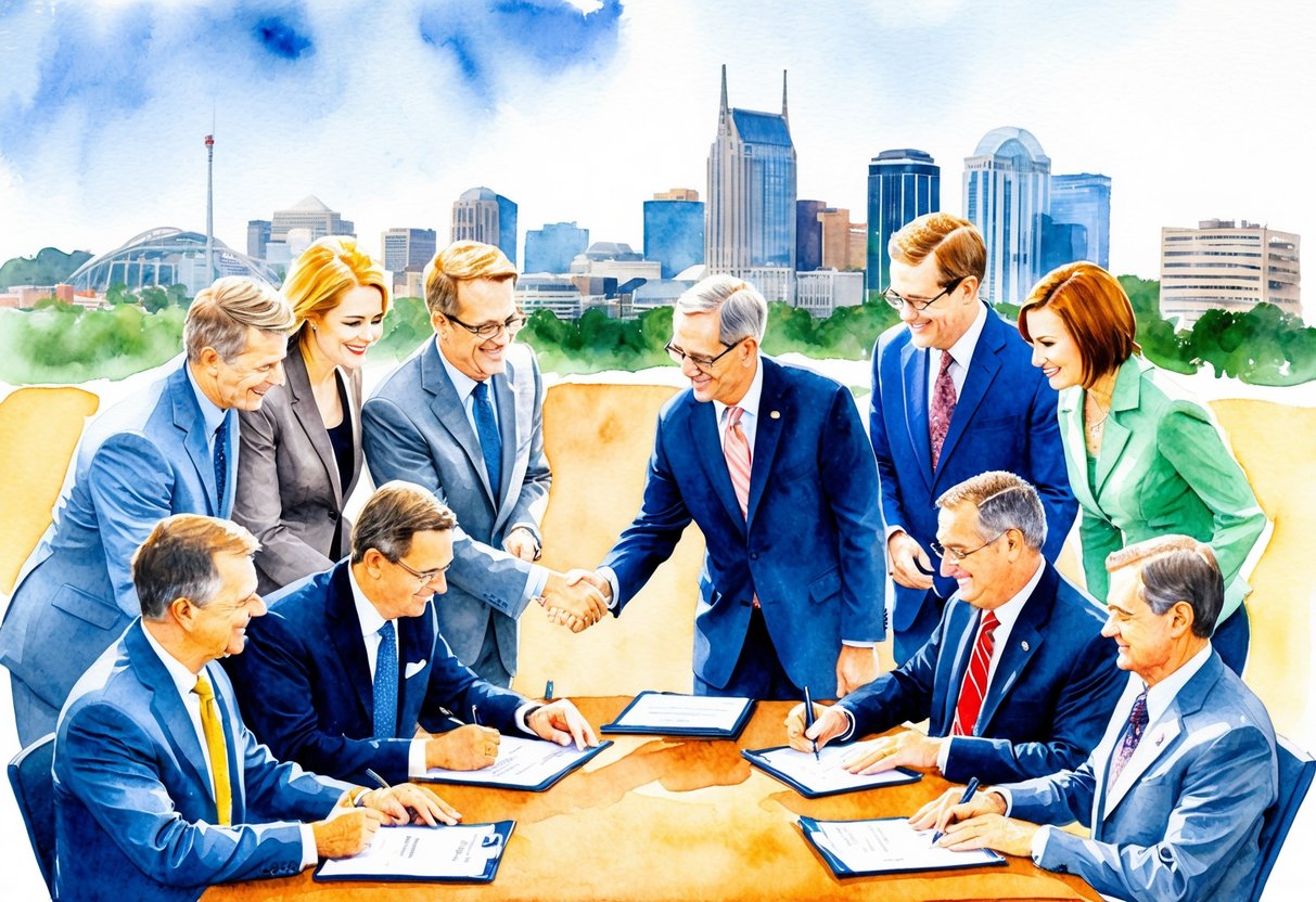 A group of people gathered around a table, signing documents and shaking hands, with a Nashville skyline in the background