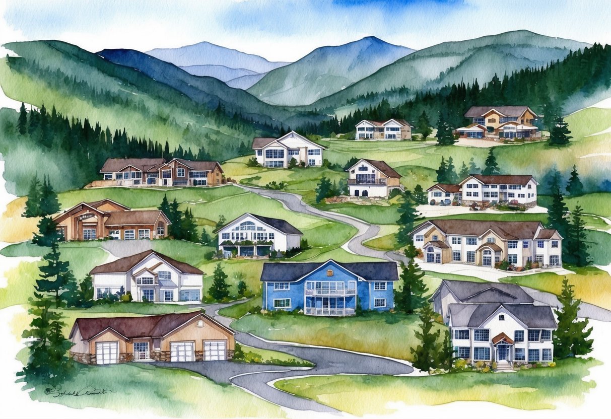 A mountain landscape with various types of real estate properties such as single-family homes, vacation rentals, and commercial buildings nestled among the Black Hills in South Dakota