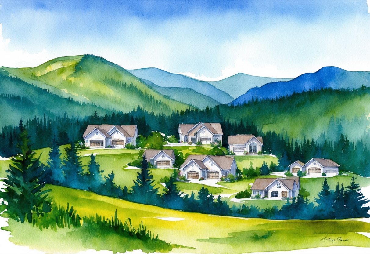 A mountainous landscape with lush greenery and a clear blue sky, featuring a cluster of real estate properties nestled among the Black Hills in South Dakota