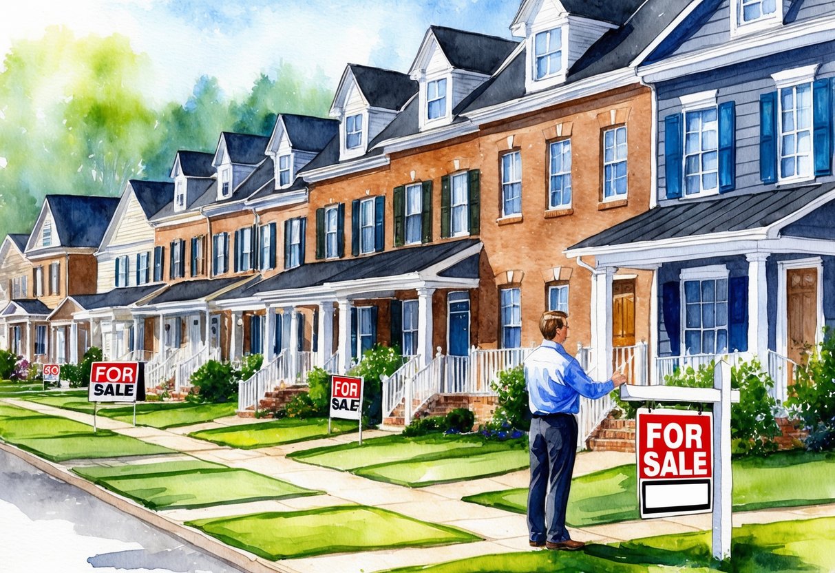 A row of residential properties in Knoxville, TN, with "For Sale" signs and a real estate agent showing a house to potential buyers