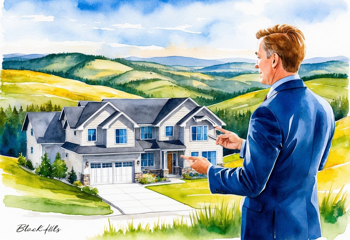 A real estate professional showing a property in the Black Hills, SD, with rolling hills and a picturesque landscape in the background