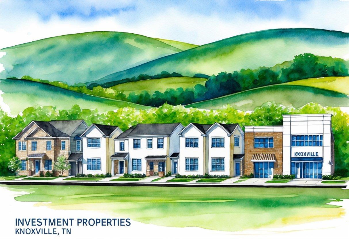 A row of diverse investment properties in Knoxville, TN, including single-family homes, multi-family units, and commercial buildings, set against a backdrop of rolling hills and lush greenery